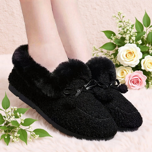 Women's black plush slippers with a bow