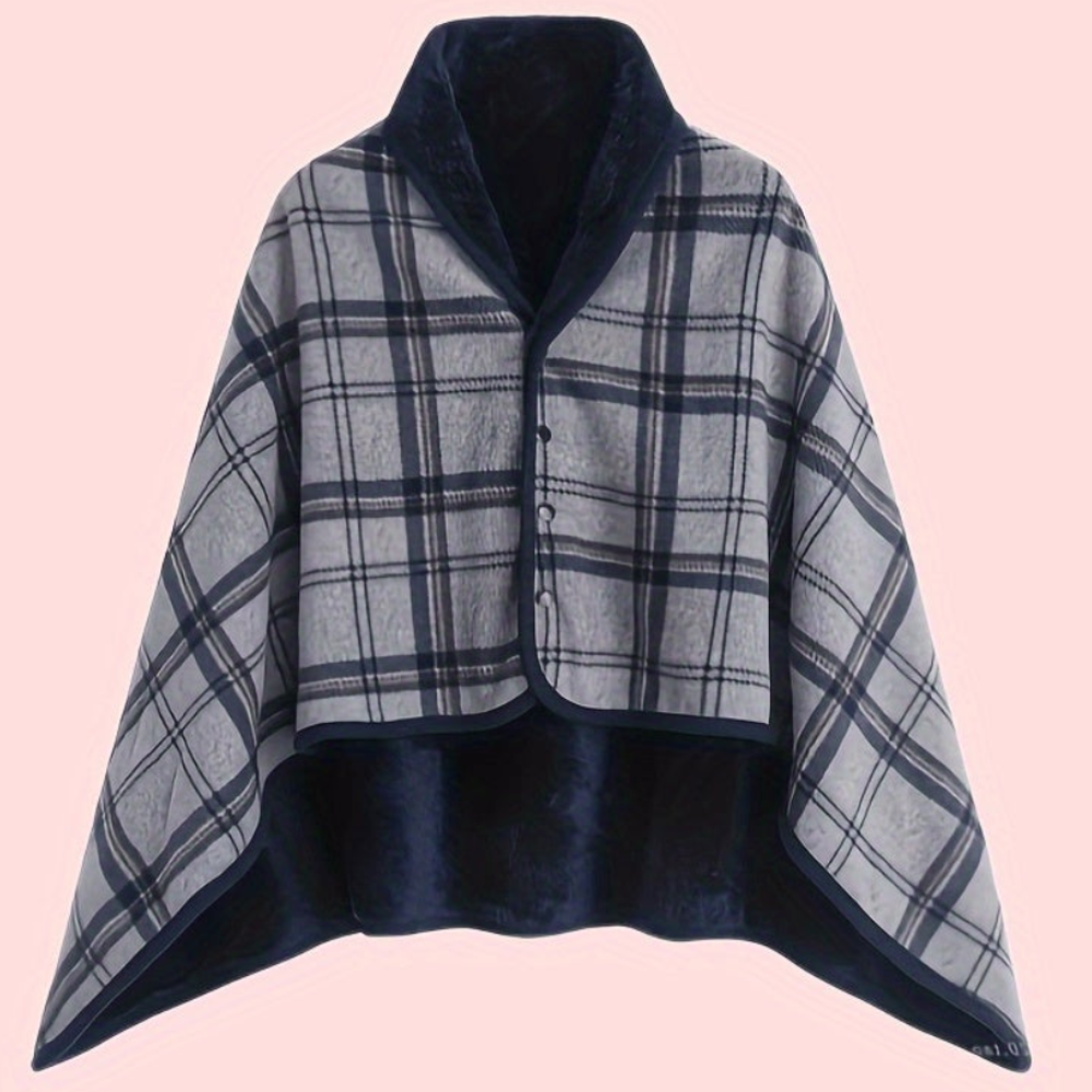 Women's Plaid Snap Button Fleece-Lined Poncho Cape