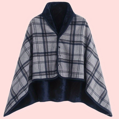 Women's Plaid Snap Button Fleece-Lined Poncho Cape