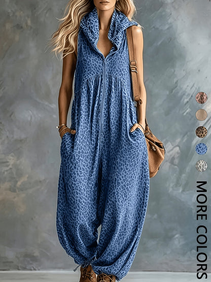 Damen Jumpsuit ärmellos mit Kapuze Animal-Print lockere Passform