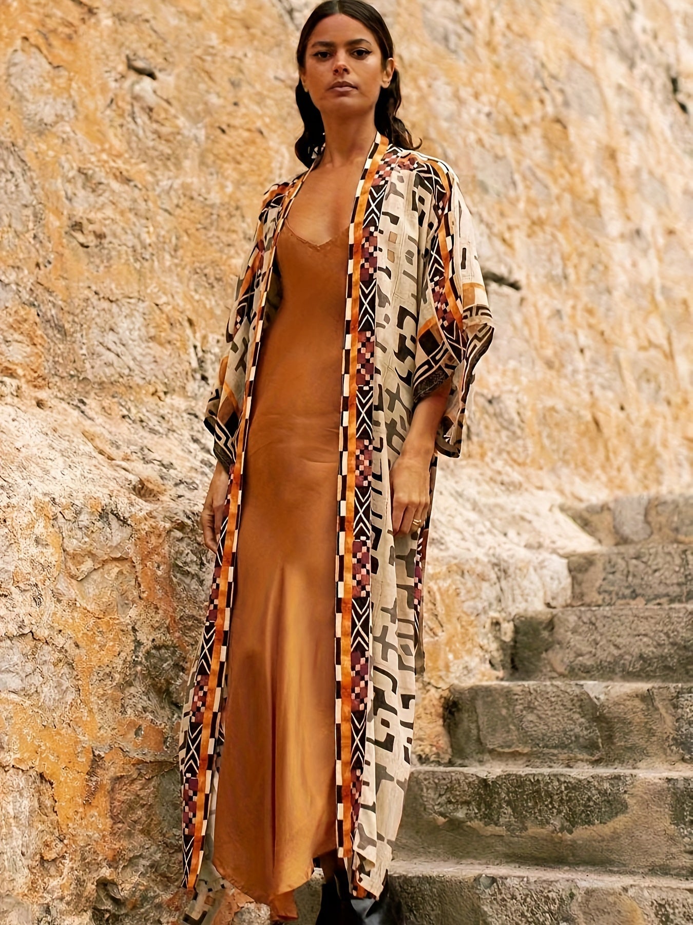 Women's Boho Long Kimono with Ikat Pattern – Elegant Beach and Summer Fashion