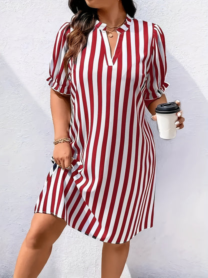 Damen Kleid mit vertikalem Streifenmuster und V-Ausschnitt – Eleganter Alltagsstil für Büro und Freizeit