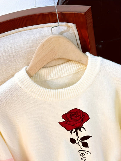 Women's sweatshirt with rose print, long sleeves, crew neck, white-pink