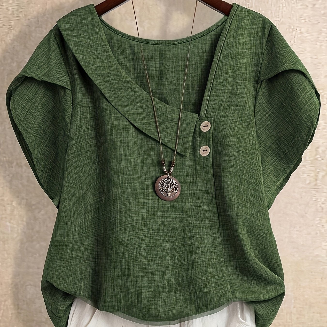 Women's tunic blouse with asymmetrical collar and short sleeves – Artistic casual style