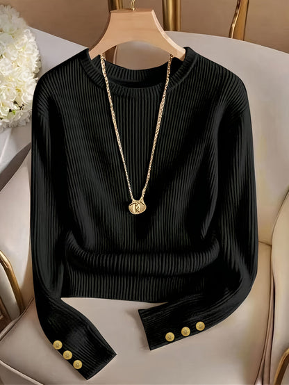 Women's rib-knit long-sleeve crew-neck sweater with buttons