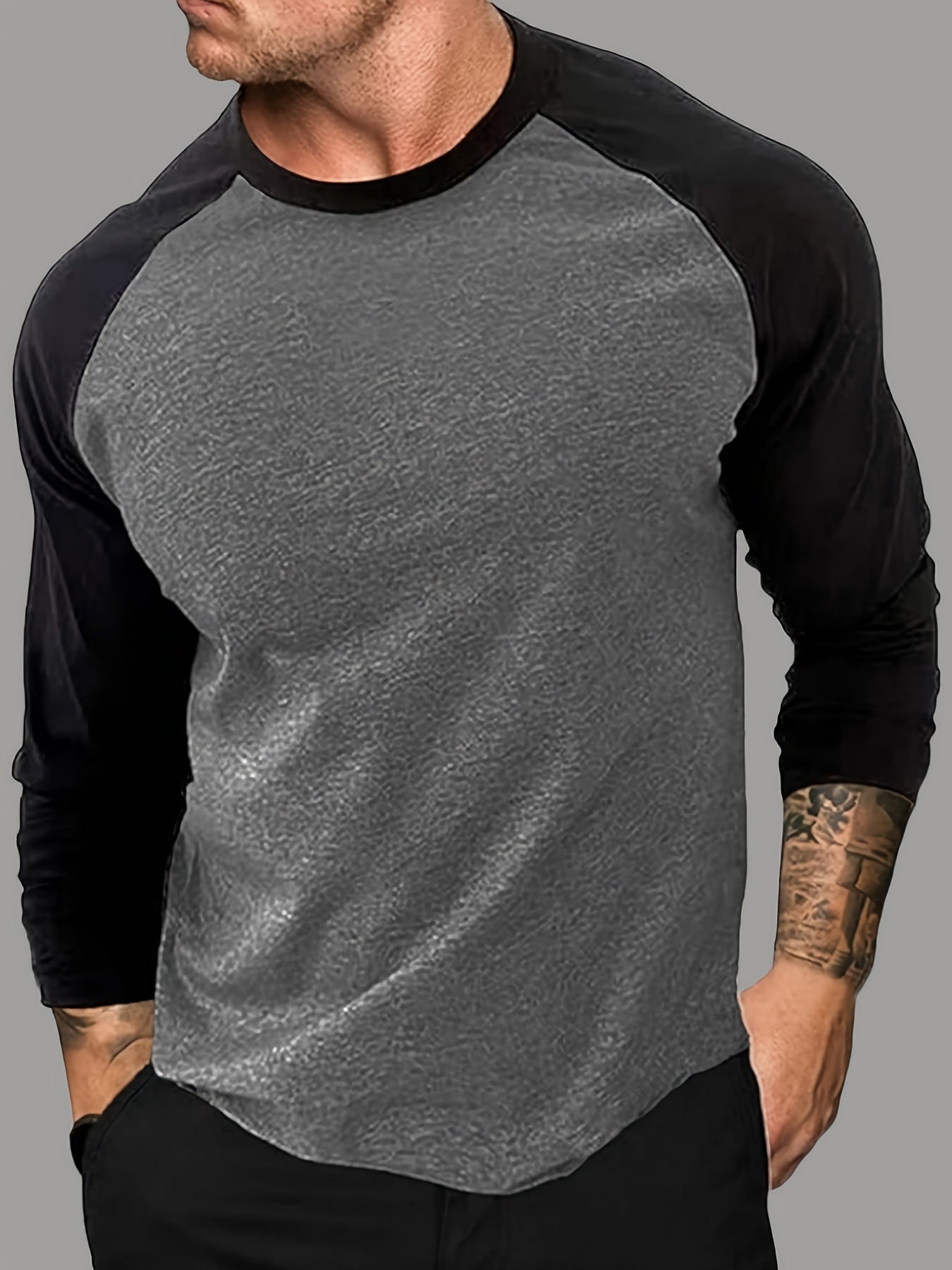 Men's raglan long-sleeve two-tone crew-neck shirt