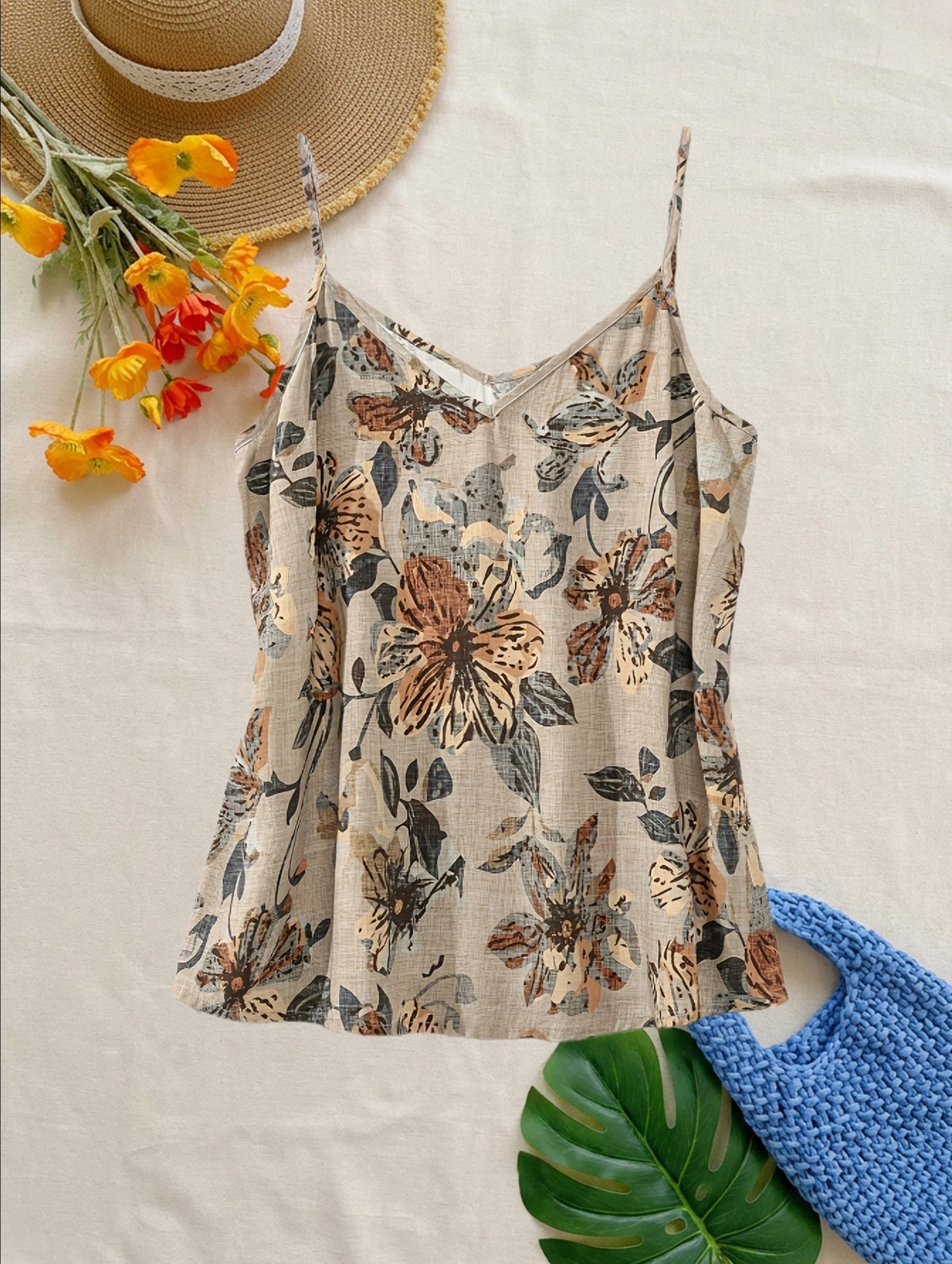 Women's summer top with floral pattern, V-neck, spaghetti straps, casual blouse for vacation and everyday wear