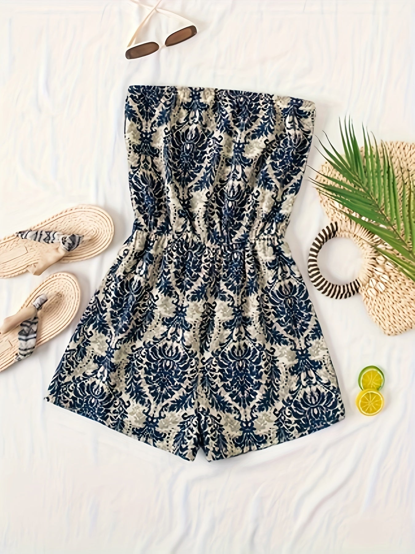Women's Bandeau Jumpsuit with Damask Pattern – Elegant Summer Romper for Leisure and Vacation