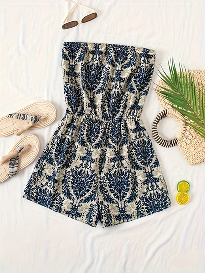 Women's Bandeau Jumpsuit with Damask Pattern – Elegant Summer Romper for Leisure and Vacation