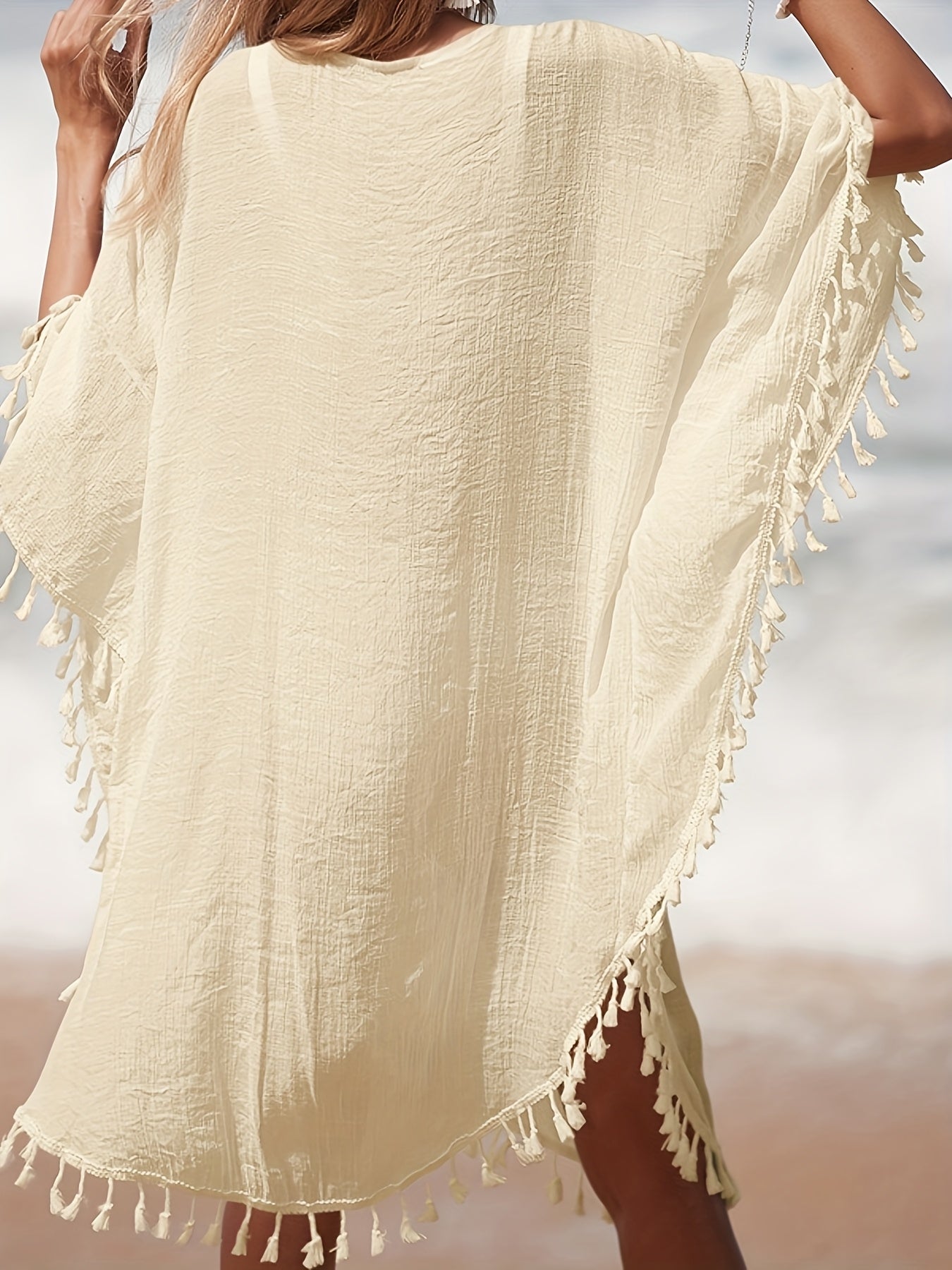 Women's Boho Beach Poncho Kaftan with Crochet Detail and Tassels – Perfect as a Beach Cover-Up