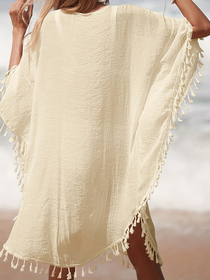 Women's Boho Beach Poncho Kaftan with Crochet Detail and Tassels – Perfect as a Beach Cover-Up