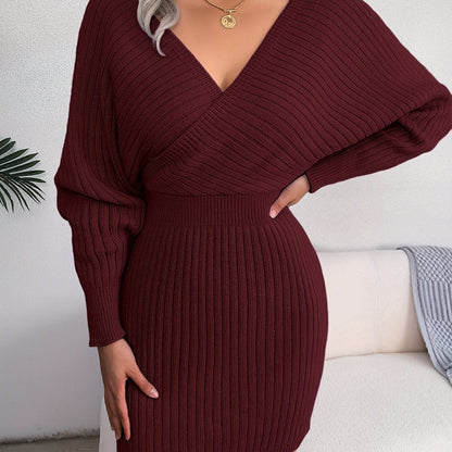 Women's rib-knit sweater dress, V-neck, long sleeves