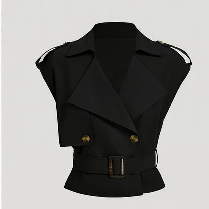 Women's Elegant Short-Sleeve Vest with Belt for Spring and Summer – Fashionable Trench Coat Style