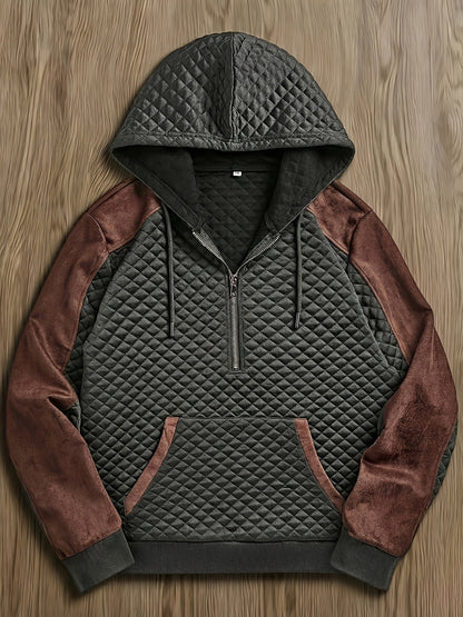 Men's quilted hoodie with half-zip and hood