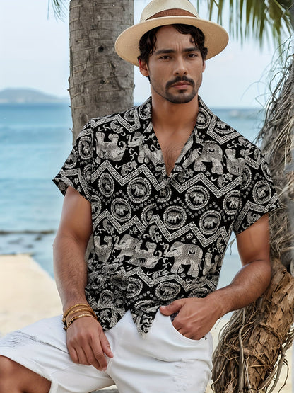 Men's Resort Shirt with Elephant and Mandala Print, Short Sleeve, Casual and Summer Style