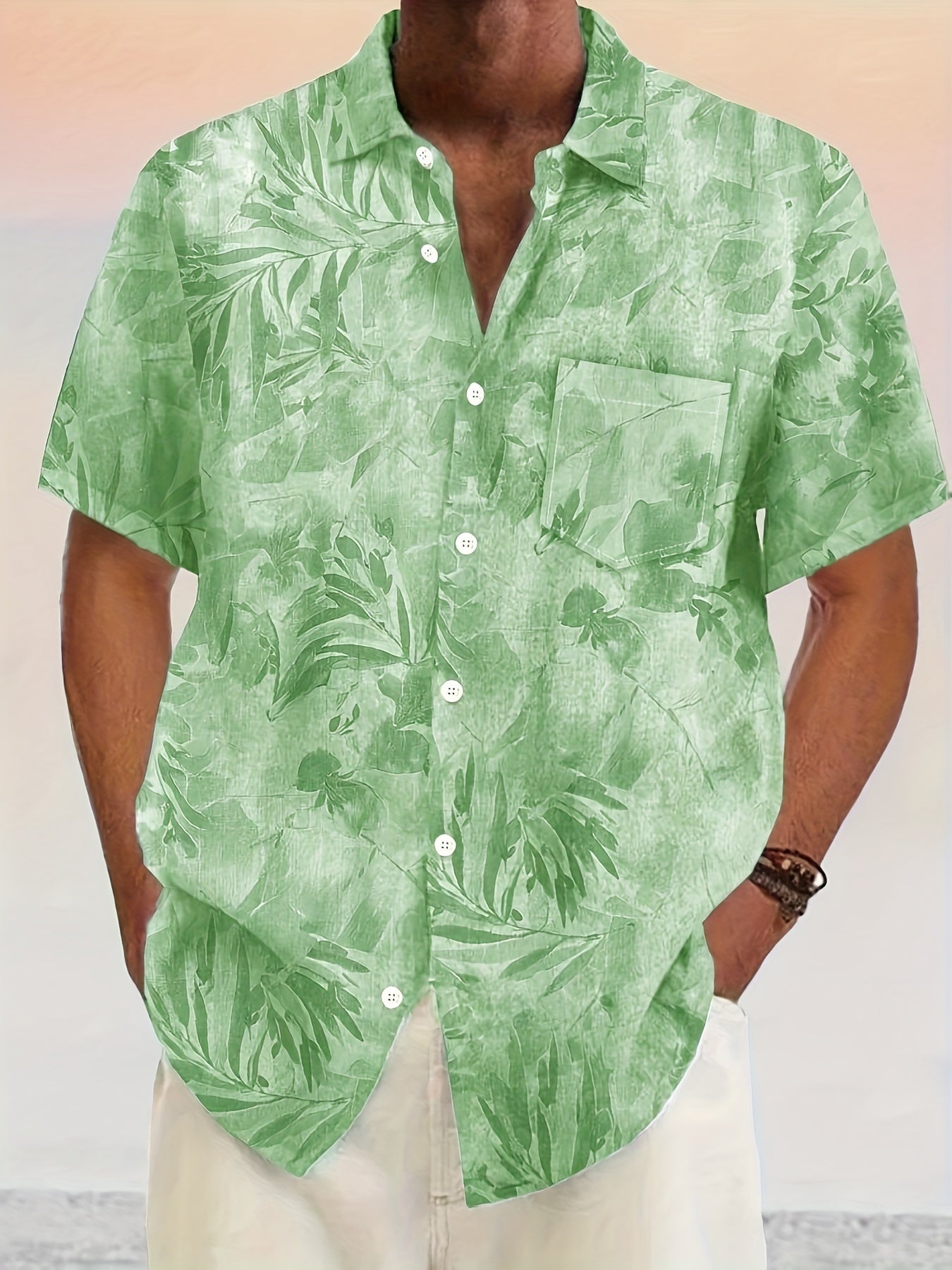 Men's Casual Short-Sleeve Shirt with Plant Pattern – Perfect for Summer and Vacation