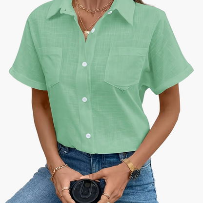 Women's Short-Sleeve Blouse with Bird Print and Chest Pocket – Fashionable Casual Shirt