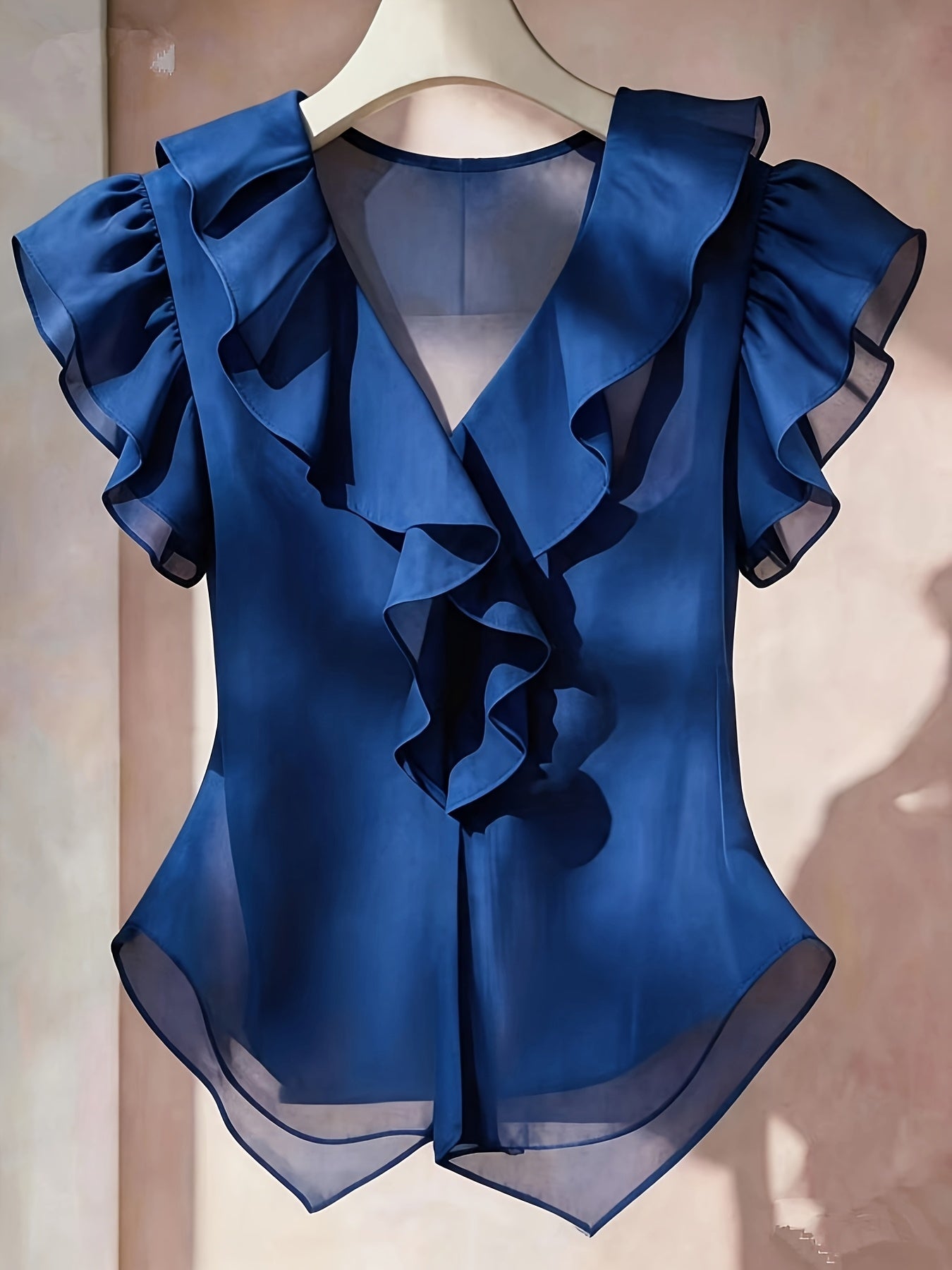 Women's blouse with ruffles and V-neck – Elegant frilled blouse for office and leisure