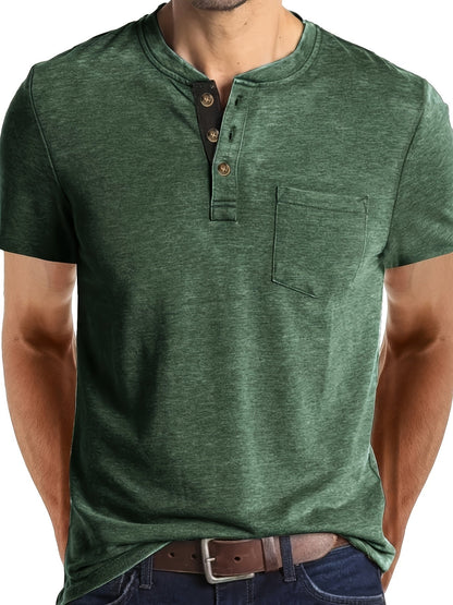 Herren Henley T-Shirt Kurzarm Casual Freizeitshirt mit Knopfleiste und Brusttasche