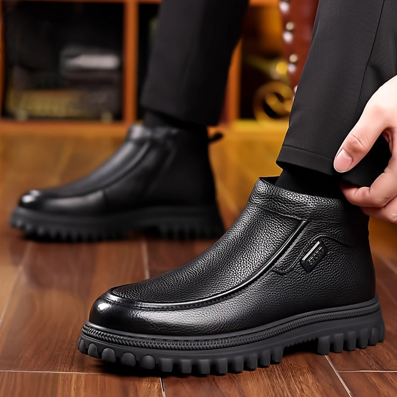 Men's black winter boots, lined, with a zipper and lug sole