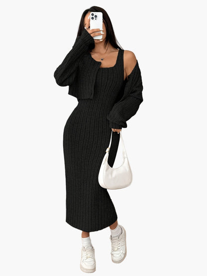Women's Knit Two-Piece Set Elegant with Button Placket – Cardigan and Midi Dress, Perfect for Everyday and Office