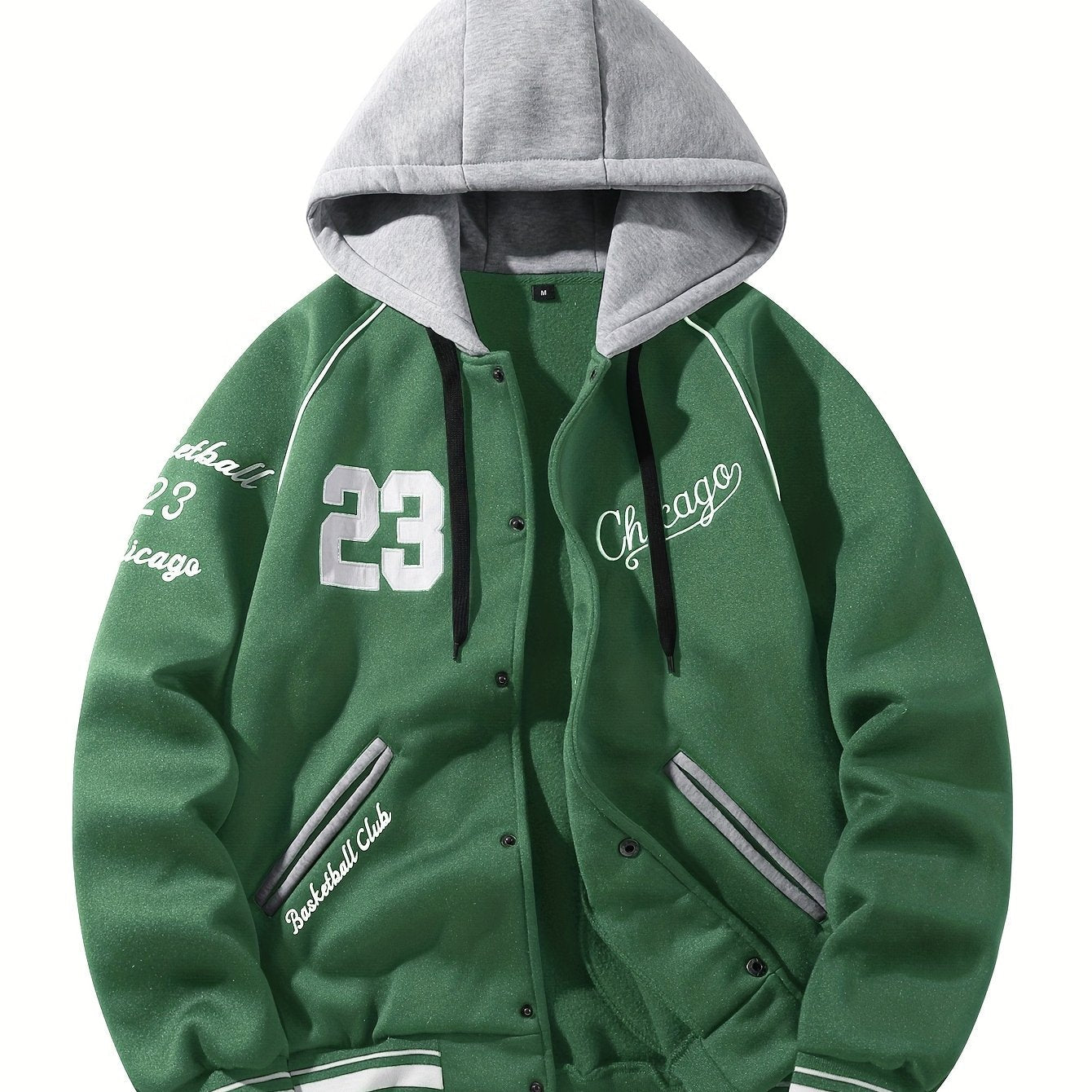 Men’s baseball jacket with hood, snap buttons, embroidery, and ribbed cuffs