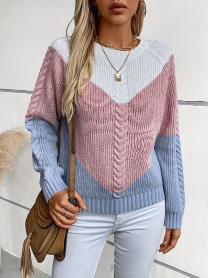 Women's knitted sweater, color-block cable-knit pattern, crew neck, white, light blue, dark blue
