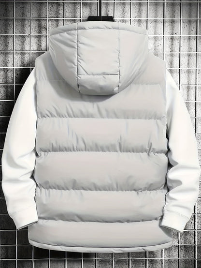 Men's quilted vest with hood, zipper & pockets, padded, black