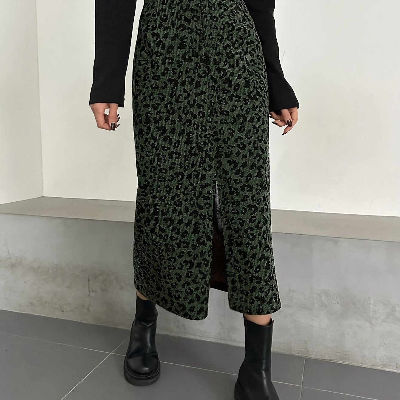 Damen Maxi Rock Leopard Print Rippstrick Schlitz