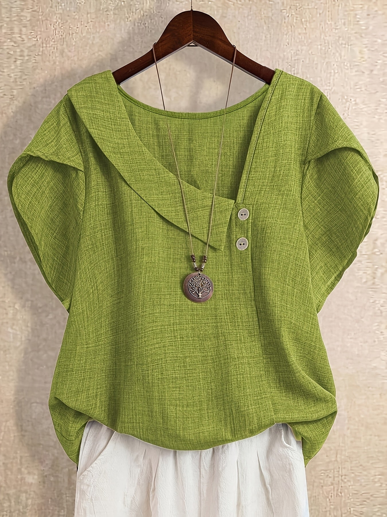 Women's tunic blouse with asymmetrical collar and short sleeves – Artistic casual style