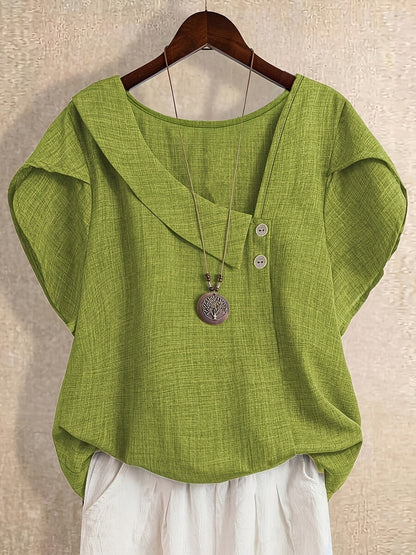 Women's tunic blouse with asymmetrical collar and short sleeves – Artistic casual style