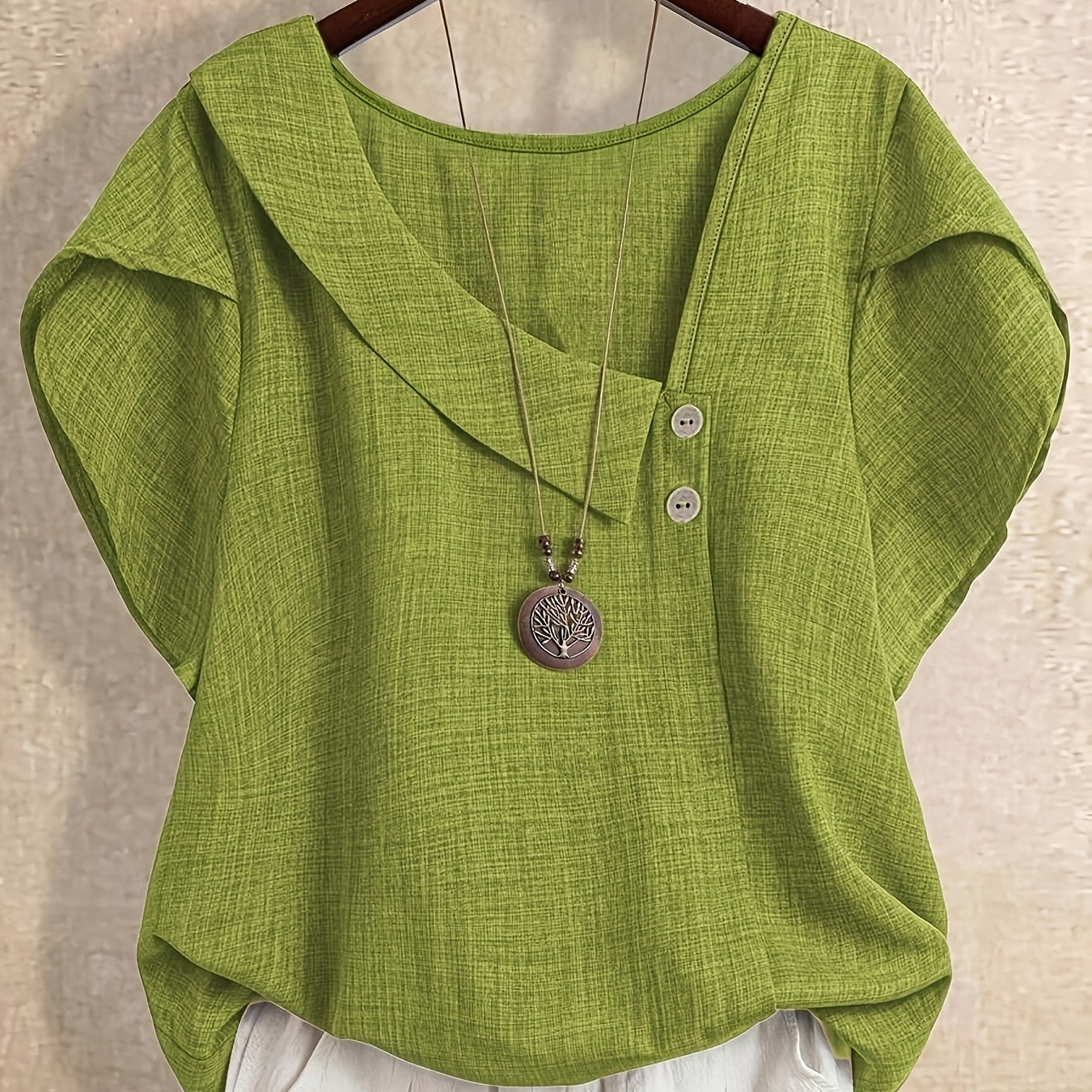 Women's tunic blouse with asymmetrical collar and short sleeves – Artistic casual style