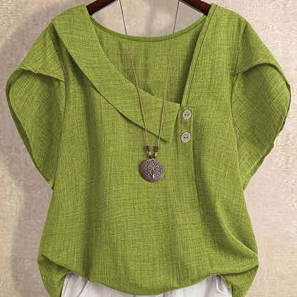 Women's tunic blouse with asymmetrical collar and short sleeves – Artistic casual style