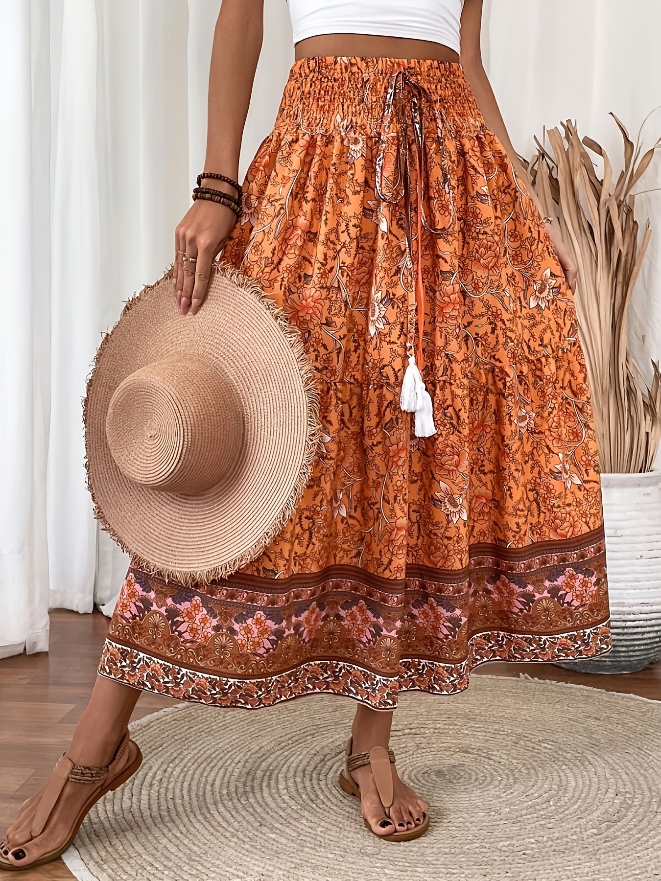 Women's Boho Maxi Skirt with Floral Pattern and Drawstring – Elegant Summer Skirt for Casual Wear and Vacation