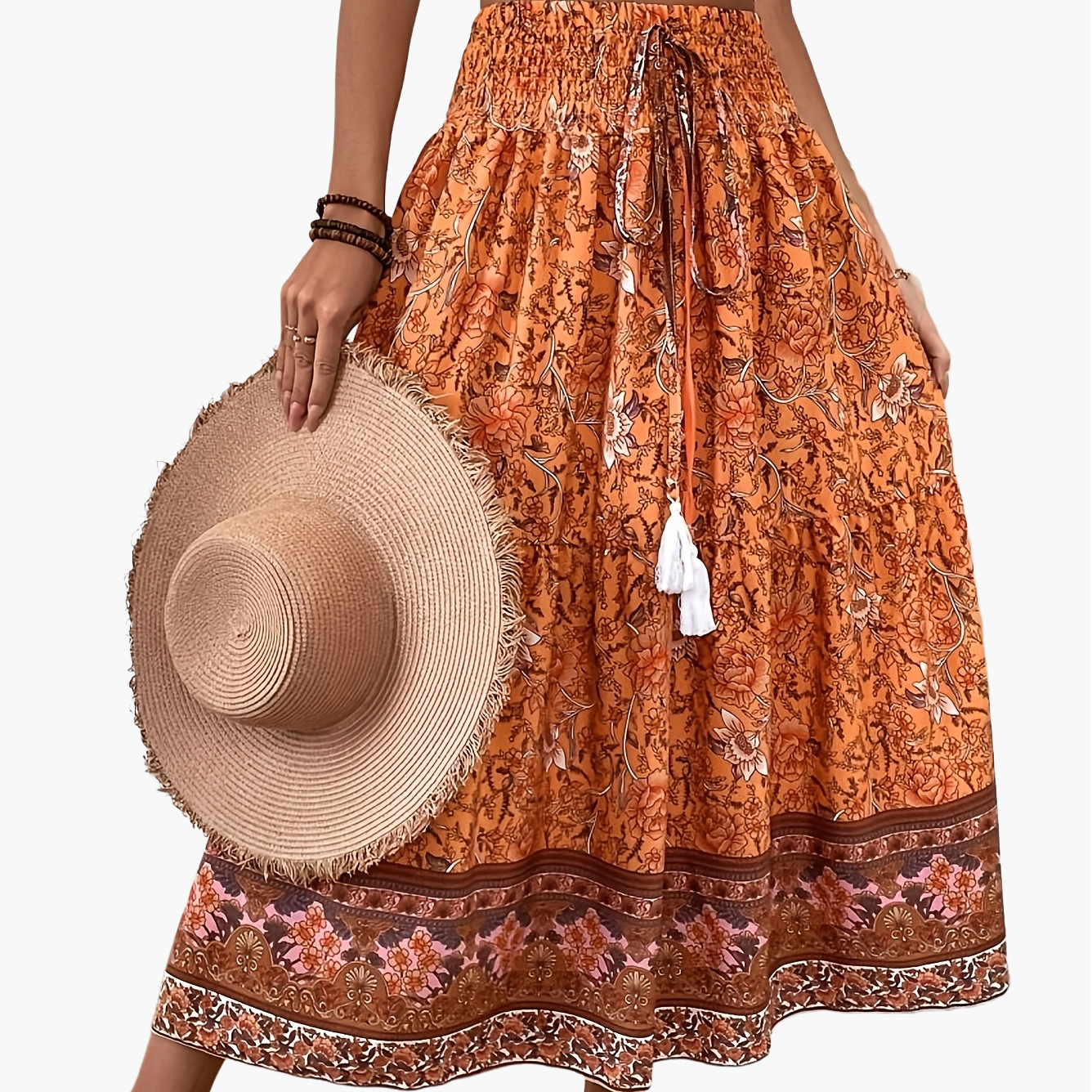 Women's Boho Maxi Skirt with Floral Pattern and Drawstring – Elegant Summer Skirt for Casual Wear and Vacation