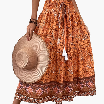 Women's Boho Maxi Skirt with Floral Pattern and Drawstring – Elegant Summer Skirt for Casual Wear and Vacation