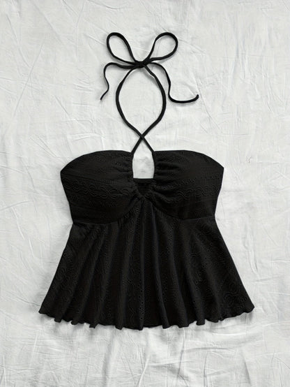 Women's Vintage Halter Babydoll Top with Embroidery – Summer Casual Top
