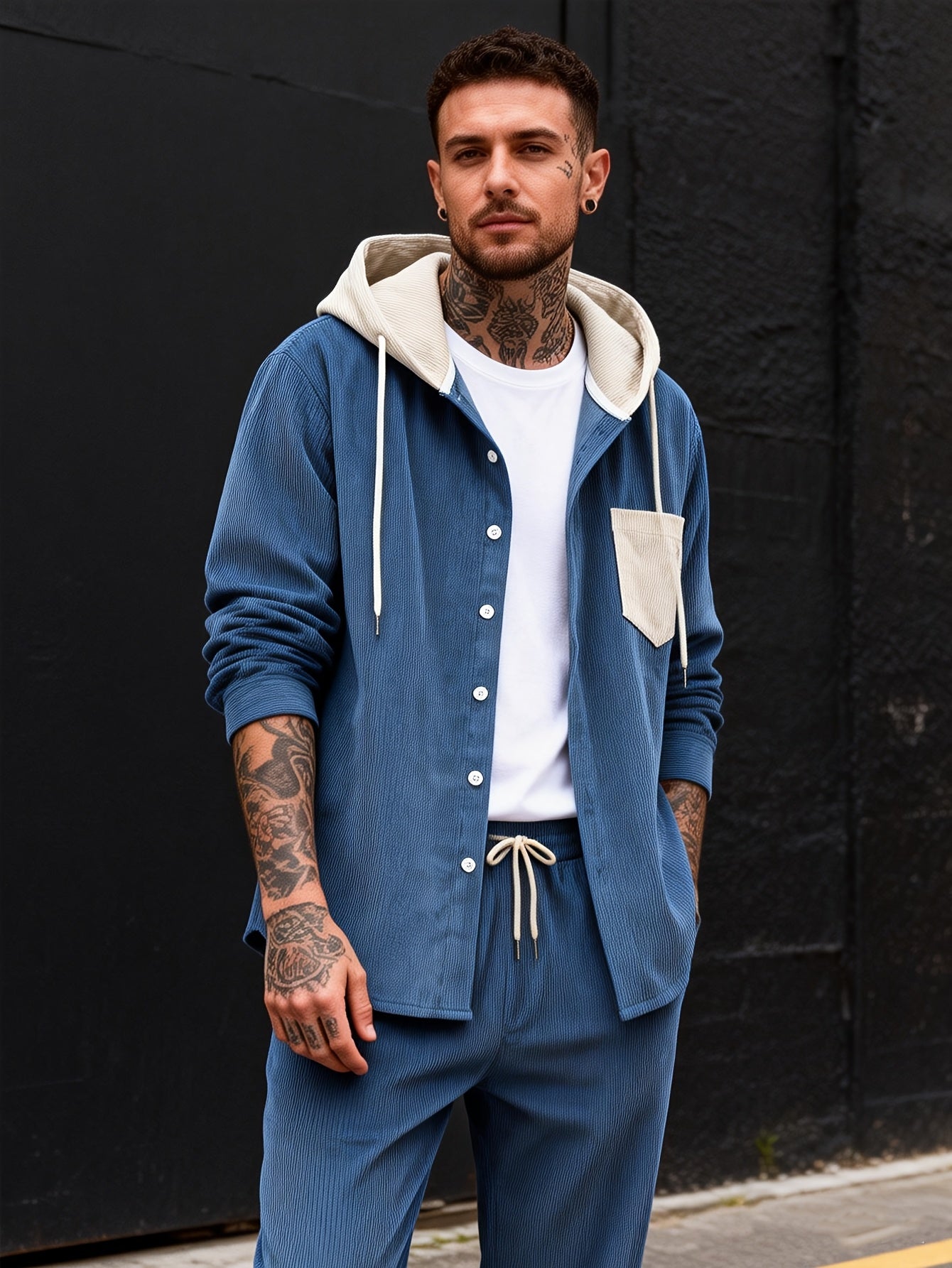 Cord-Zweiteiler Herren, Hemd-Jacke mit Kapuze & Hose