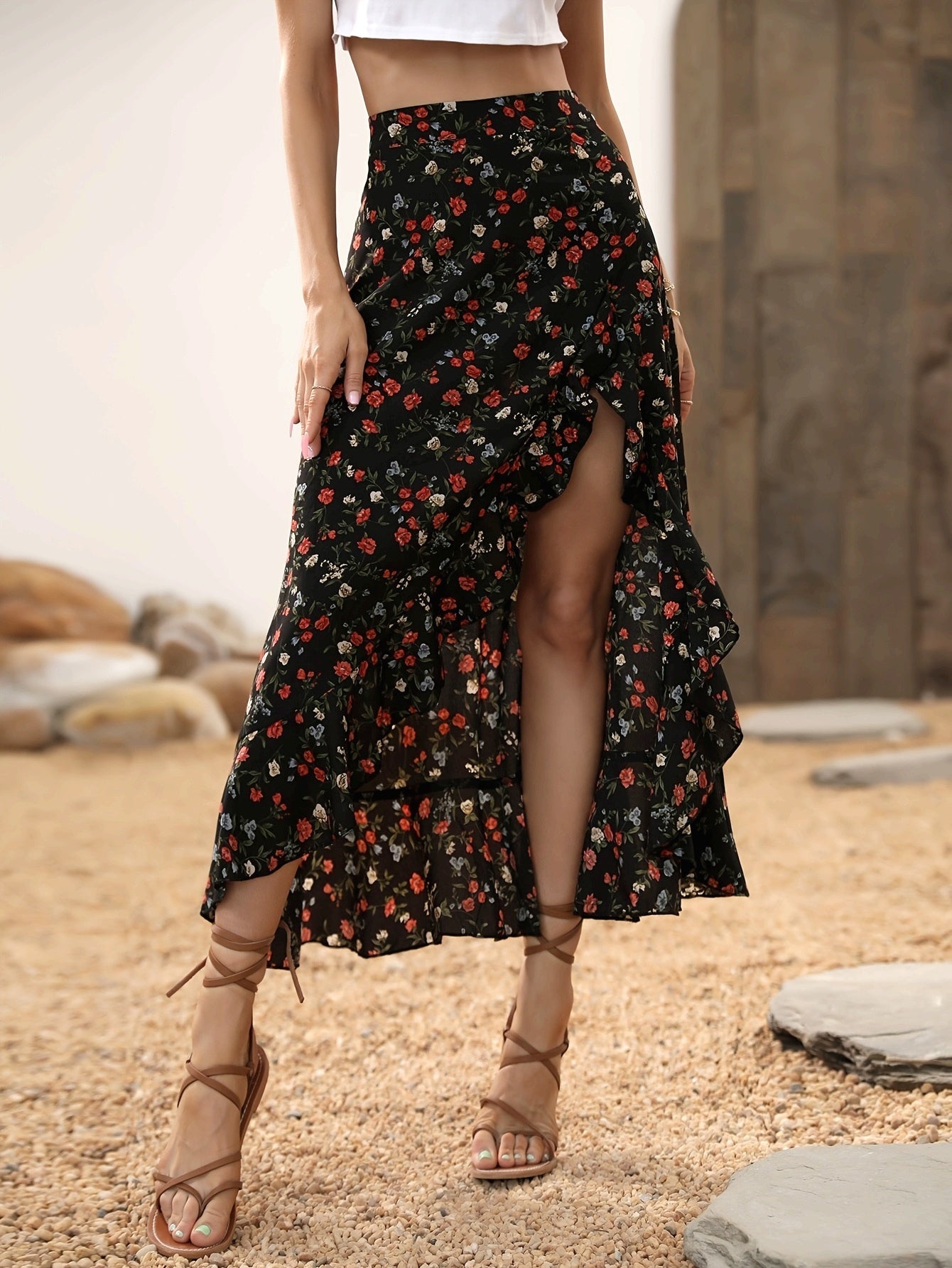 Women's Maxi Skirt with Floral Pattern, Elegant Summer Skirt, High Slit, Perfect for Leisure and Vacation