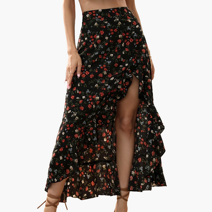 Women's Maxi Skirt with Floral Pattern, Elegant Summer Skirt, High Slit, Perfect for Leisure and Vacation