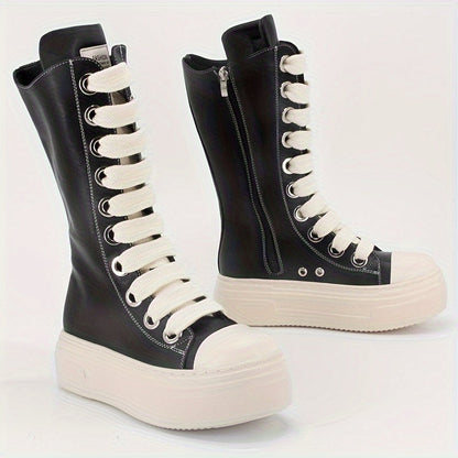 Platform High-Top Boots Black White with Lacing