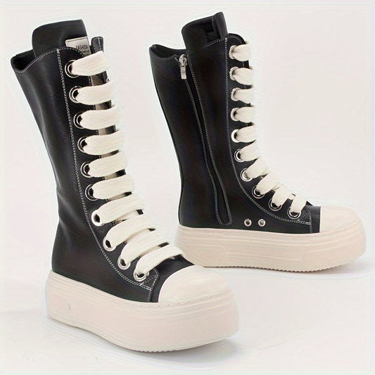 Platform High-Top Boots Black White with Lacing