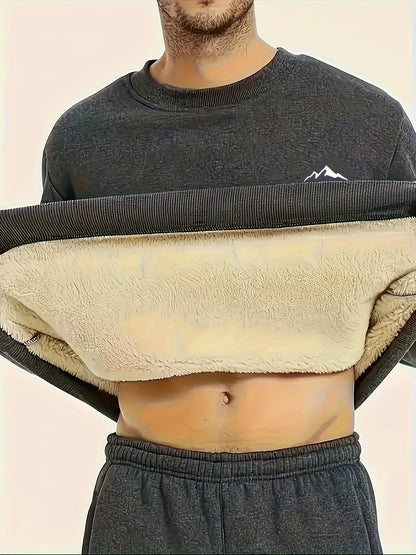 Men's long-sleeve shirt with mountain design, warm lining, crew neck, soft fleece interior