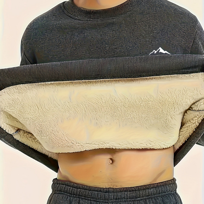 Men's long-sleeve shirt with mountain design, warm lining, crew neck, soft fleece interior