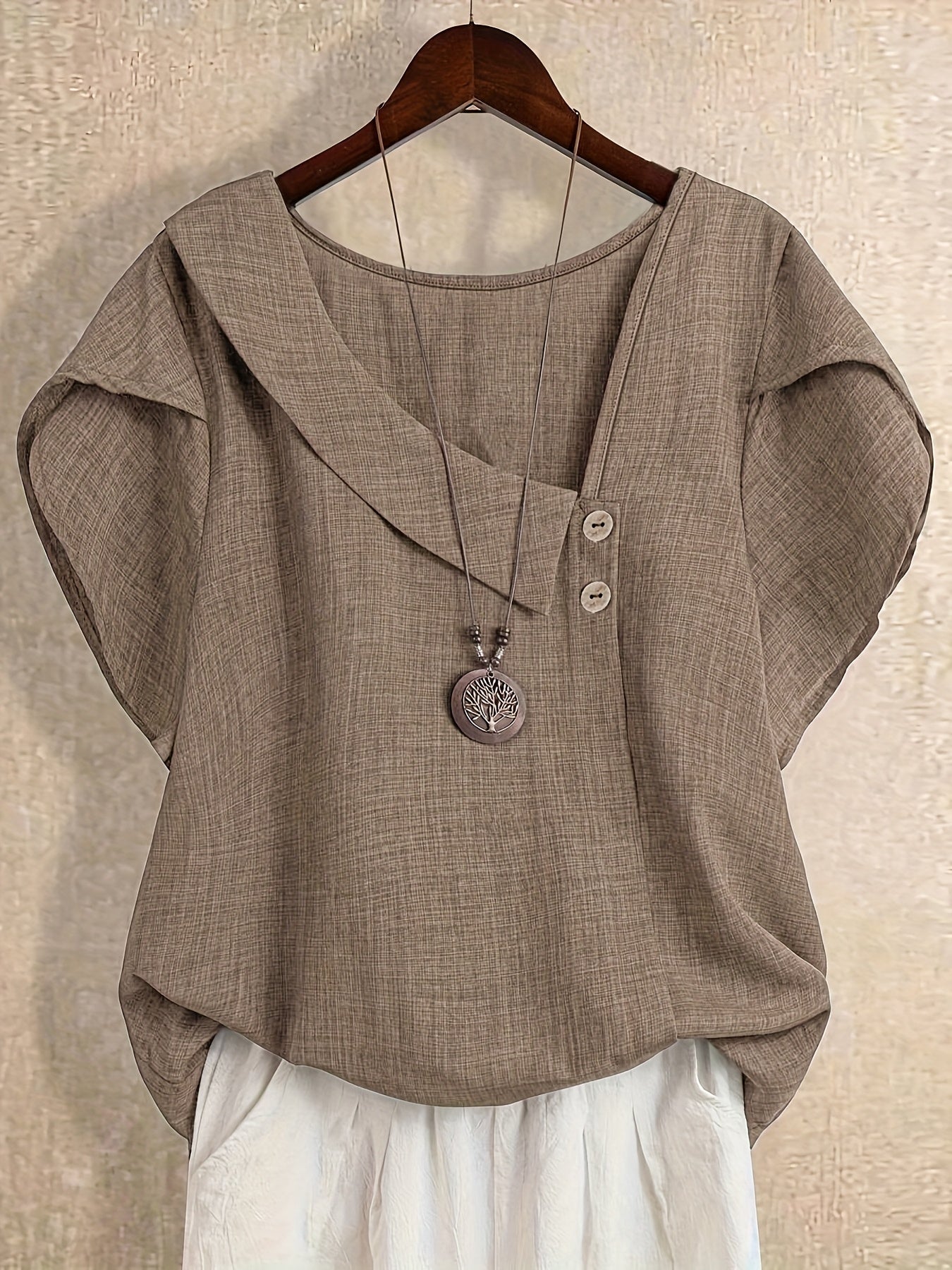 Women's tunic blouse with asymmetrical collar and short sleeves – Artistic casual style