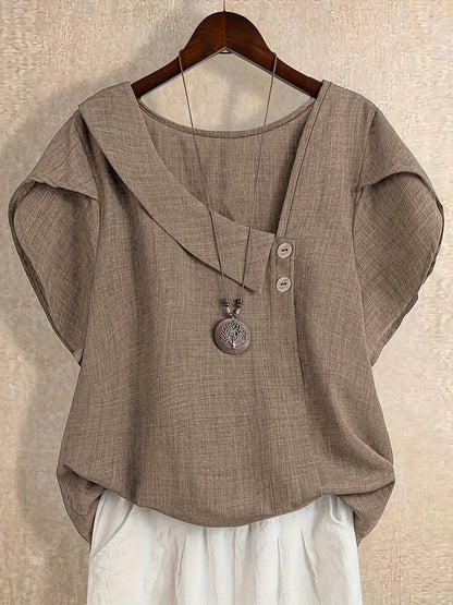Women's tunic blouse with asymmetrical collar and short sleeves – Artistic casual style