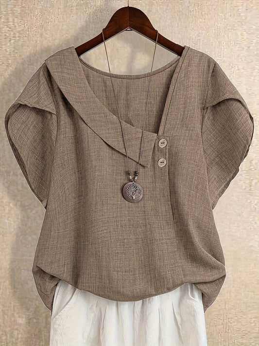 Women's tunic blouse with asymmetrical collar and short sleeves – Artistic casual style