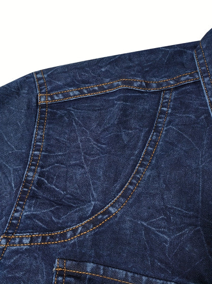 Men's long-sleeve dark blue denim shirt with chest pockets in a worn look
