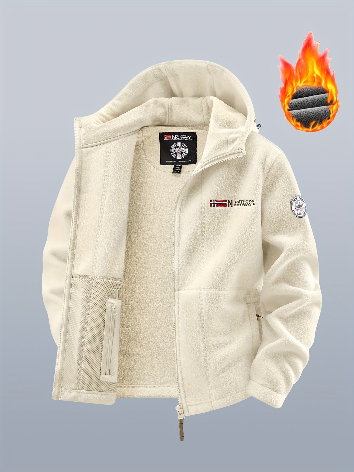 Thermo Fleecejacke mit Kapuze für Herren, durchgehender Reißverschluss