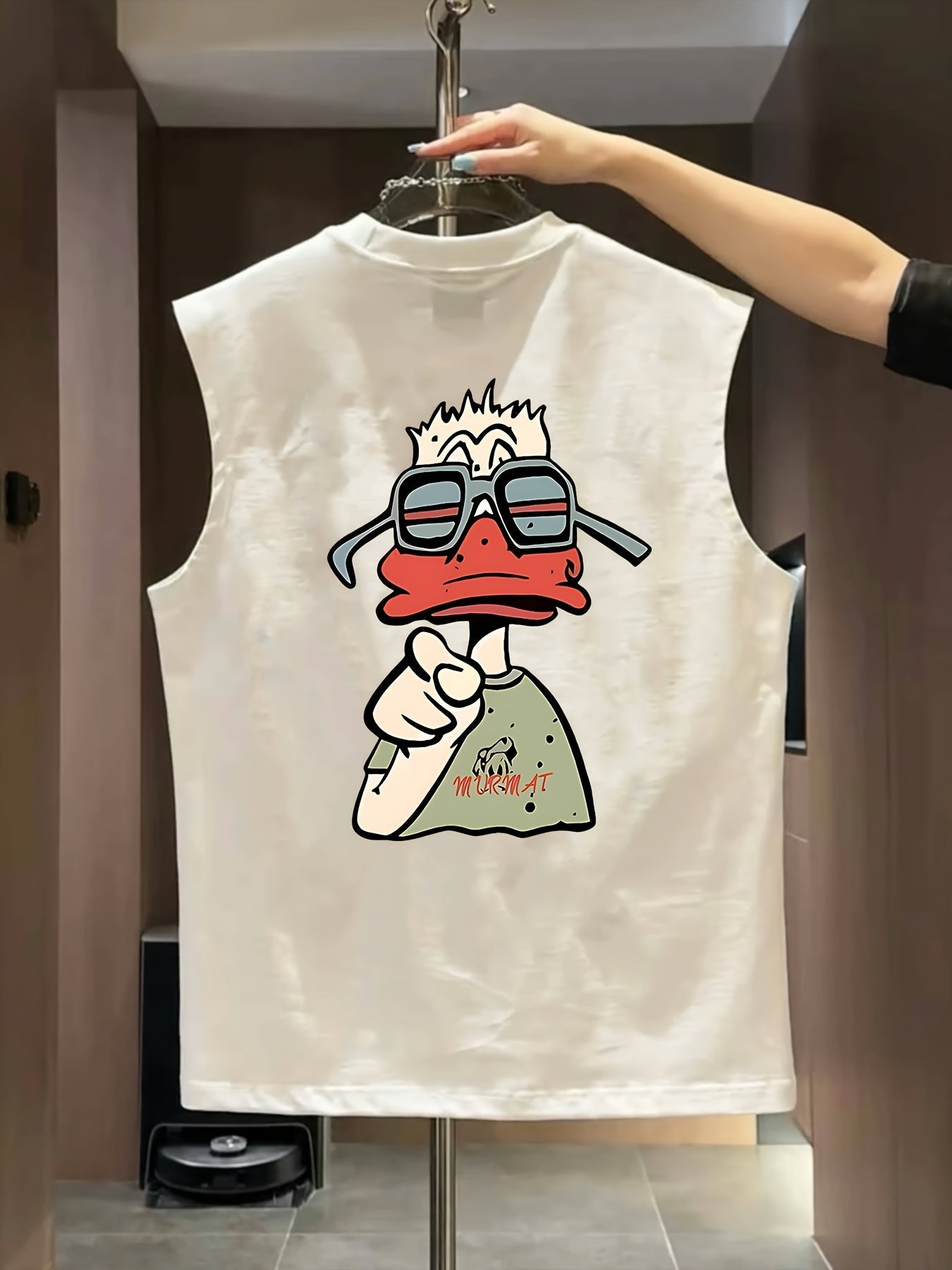 Men's streetwear tank top with cool comic duck print, sleeveless, urban style
